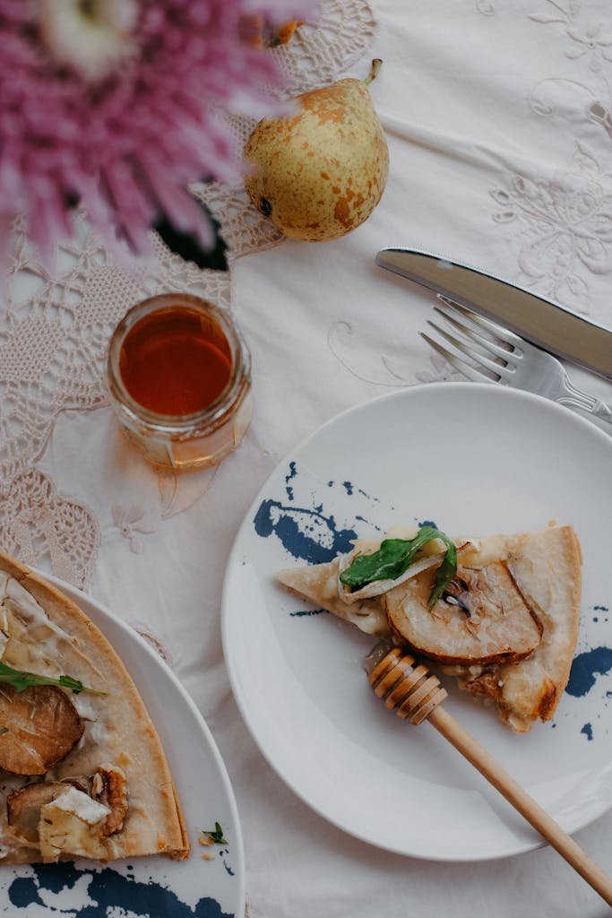 Still Life with a Slice of Pear Pizza and Honey